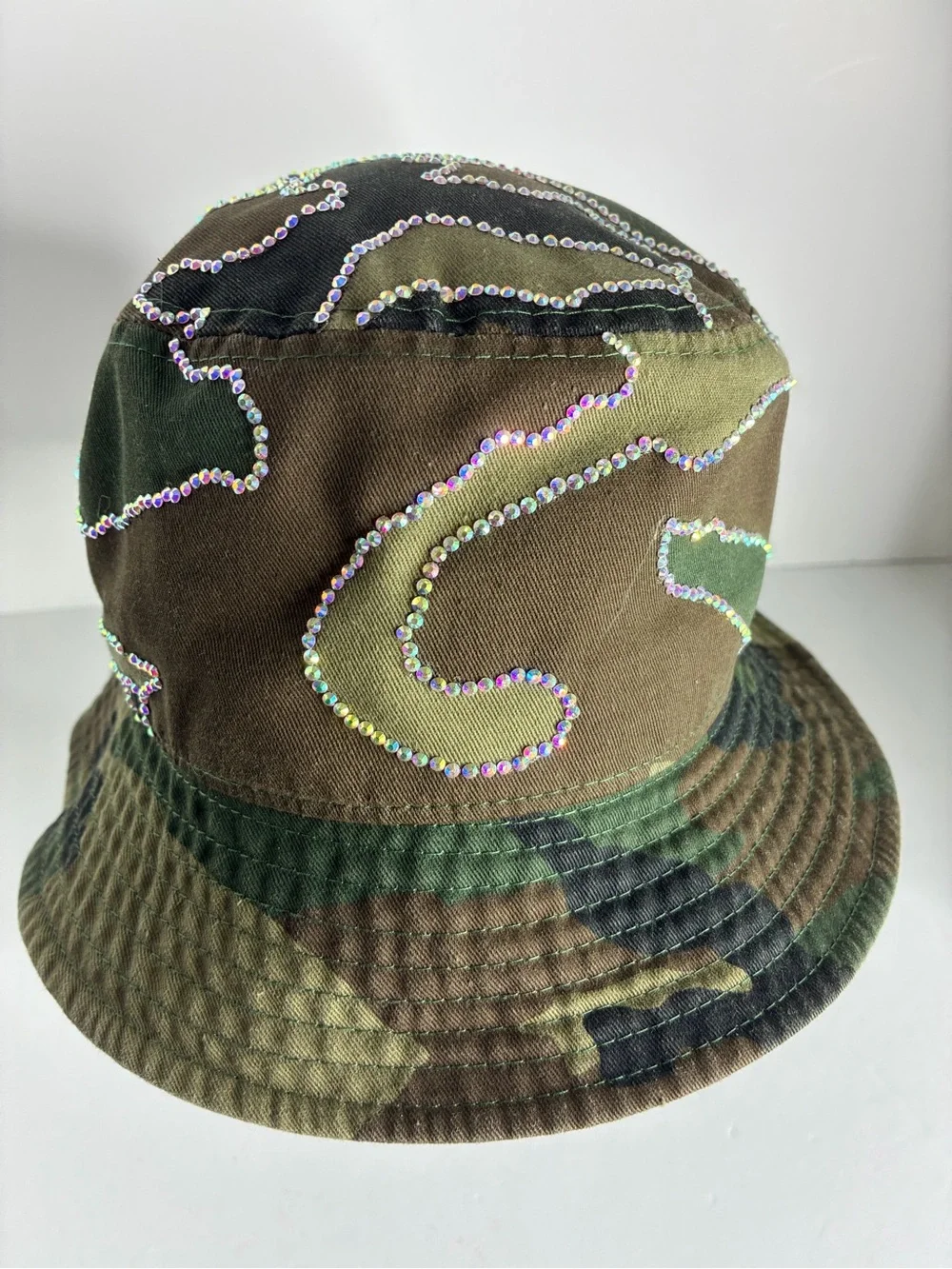 Custom Camouflage Rhinestone Bucket Hat - Green Camo NWOT